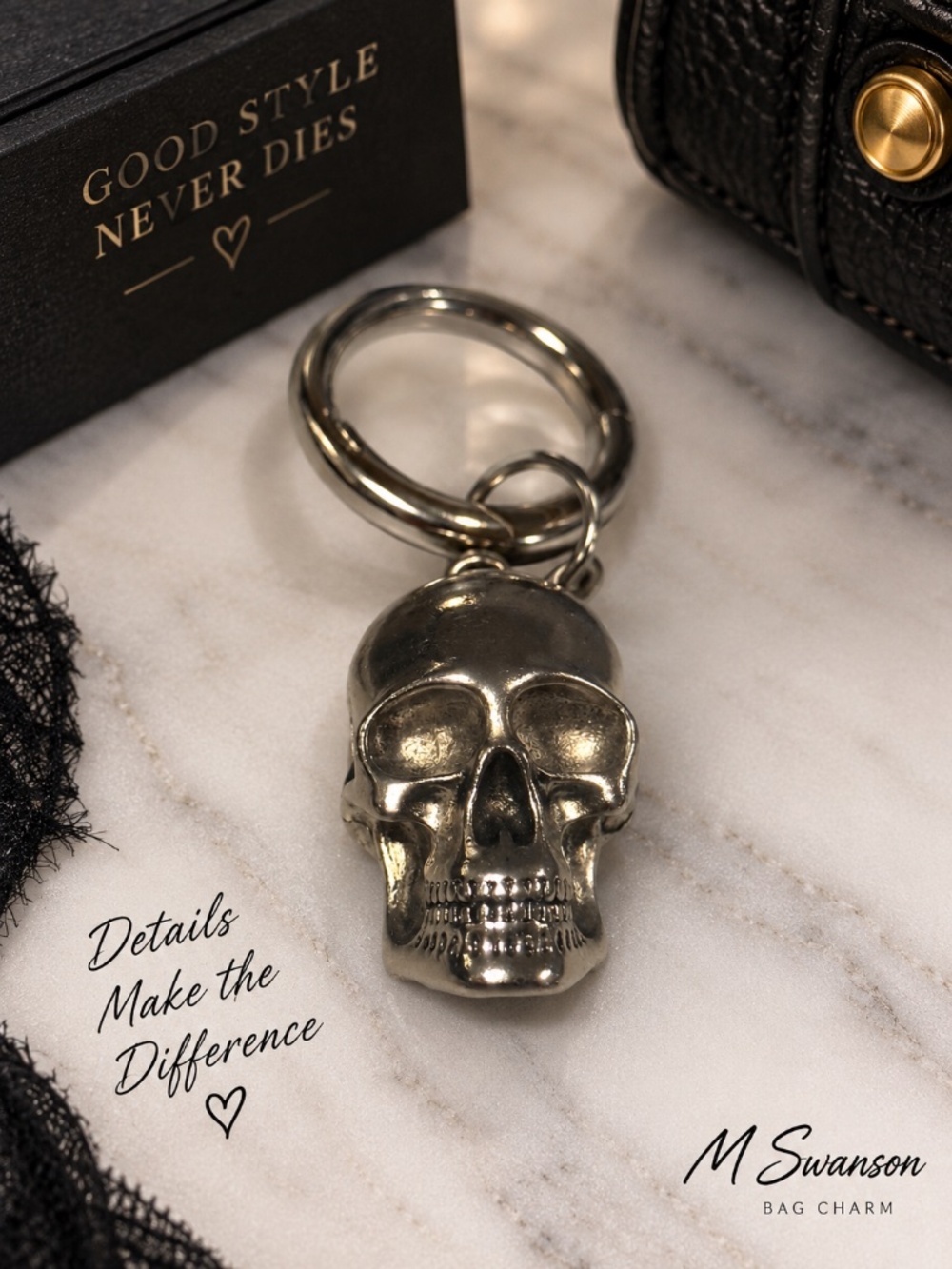 NEW Silver-Tone Anatomical Skull Bag Charm Keychain Gothic